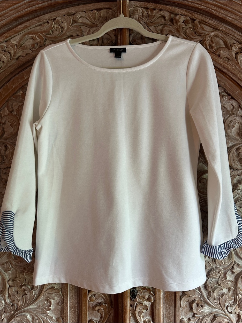 Ann Taylor Cream Long Sleeve Top with Navy Striped Cuff